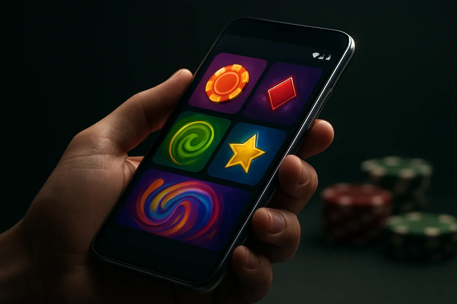 Flagship Android smartphone showing vivid casino app interface in dramatic lighting