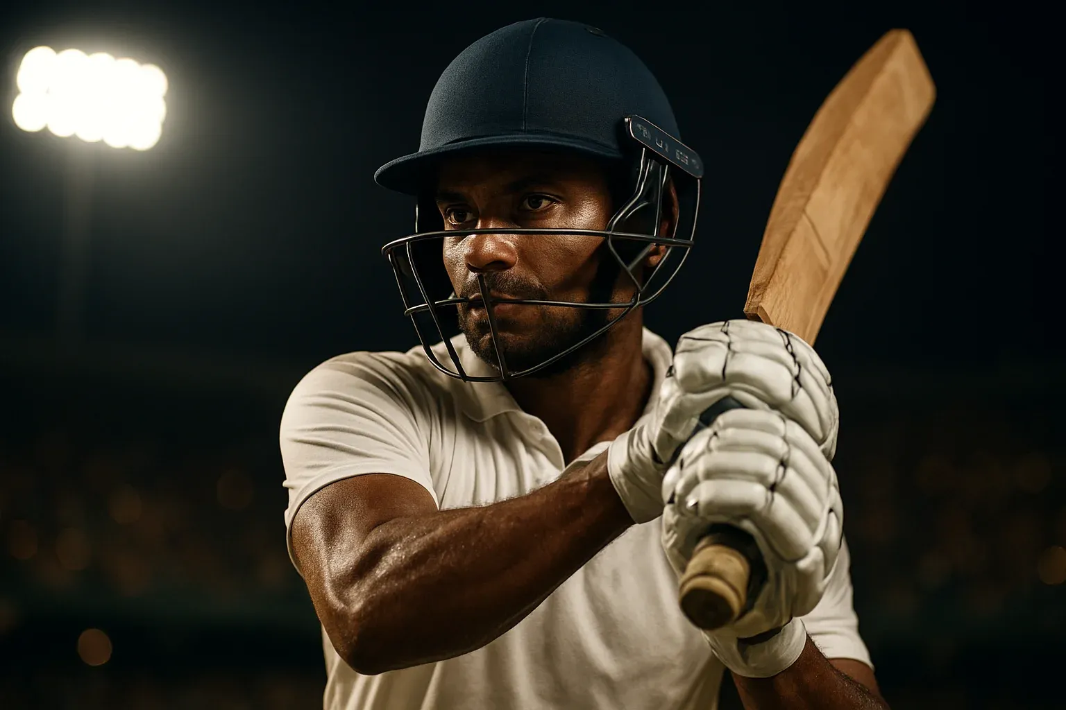 Bangladeshi male cricket batsman in white kit mid-swing under stadium lights