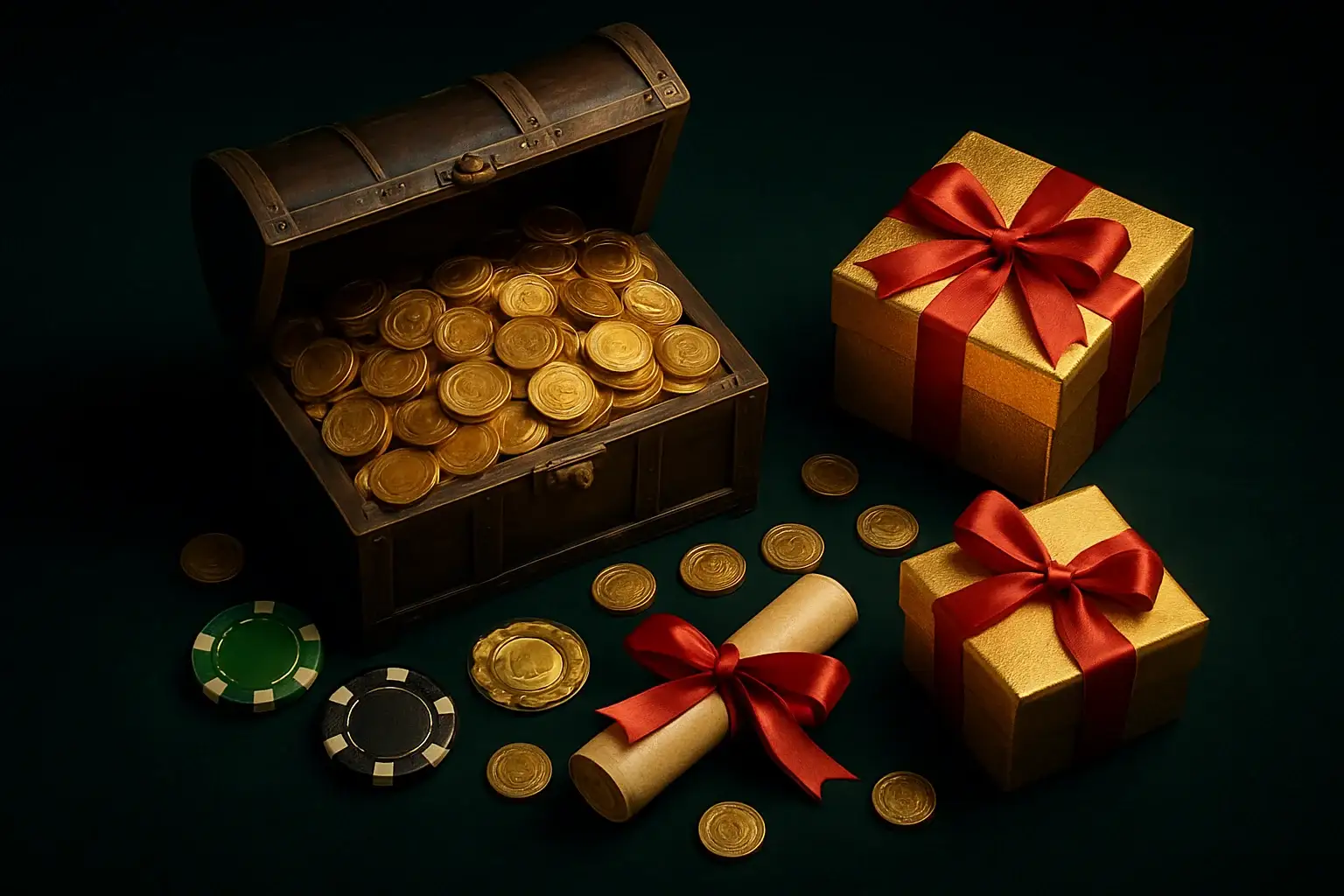 Overflowing treasure chest with coins, casino chips, vouchers, and gift boxes