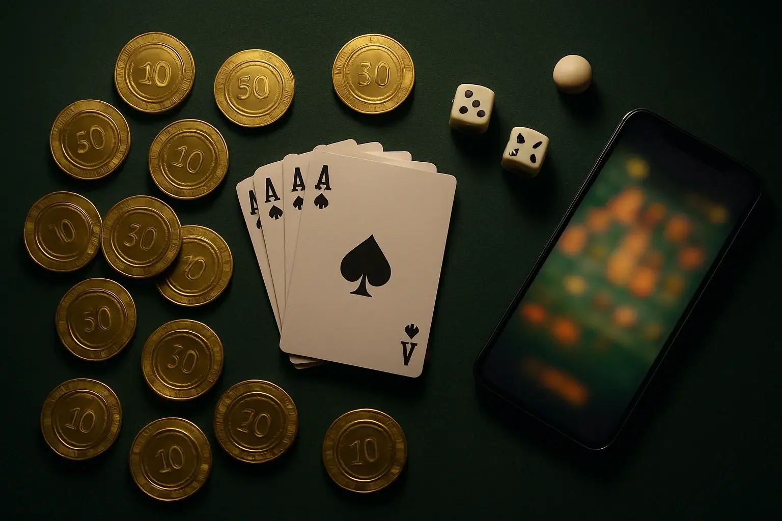 Top-down casino table with gold chips, cards, dice, roulette ball, smartphone