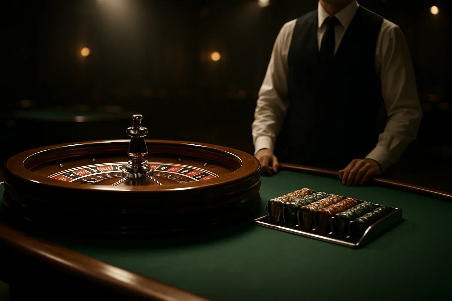 Premium live casino studio with empty roulette table and dramatic lighting