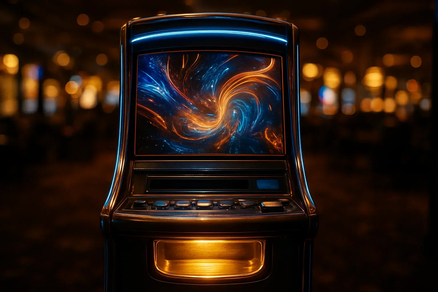 Premium slot machine glowing in dark luxury casino with neon lighting